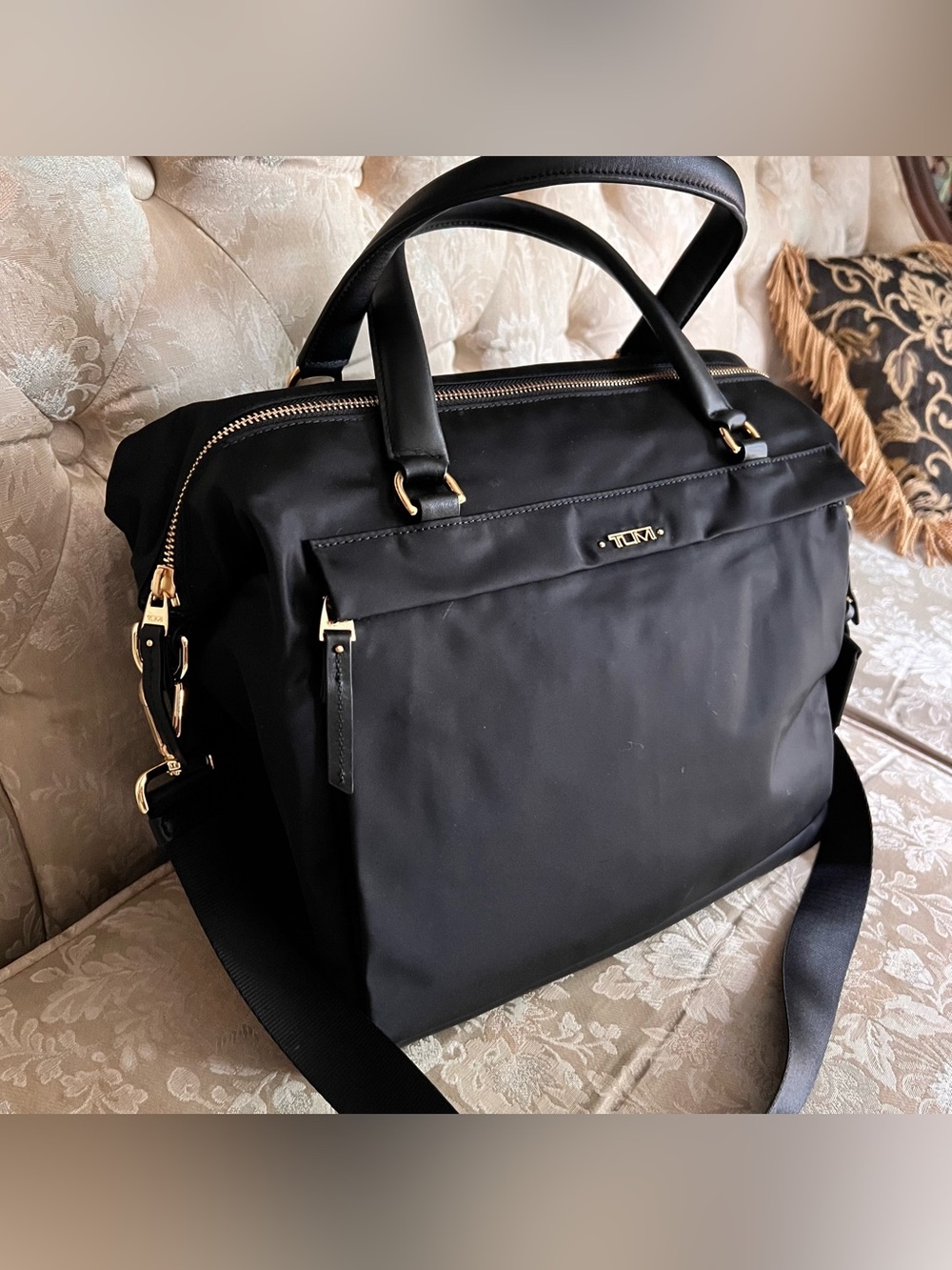 Tumi Black Nylon Shoulder Tote with Gold-Tone Hardware